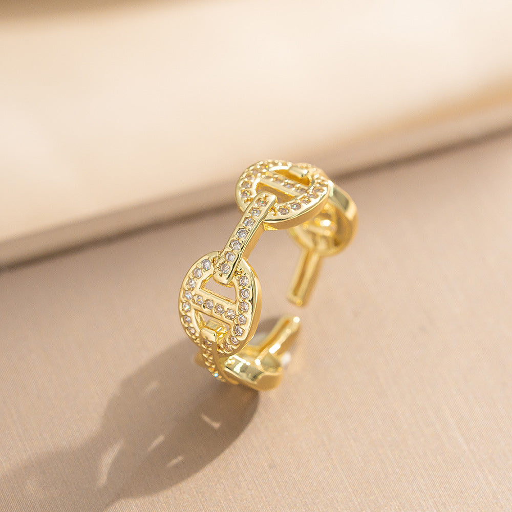 Luxury Animal-Shaped Pig Nose Open Ring for Women and Men Made of Brass with 18K Gold Plating and Zircon Inlay