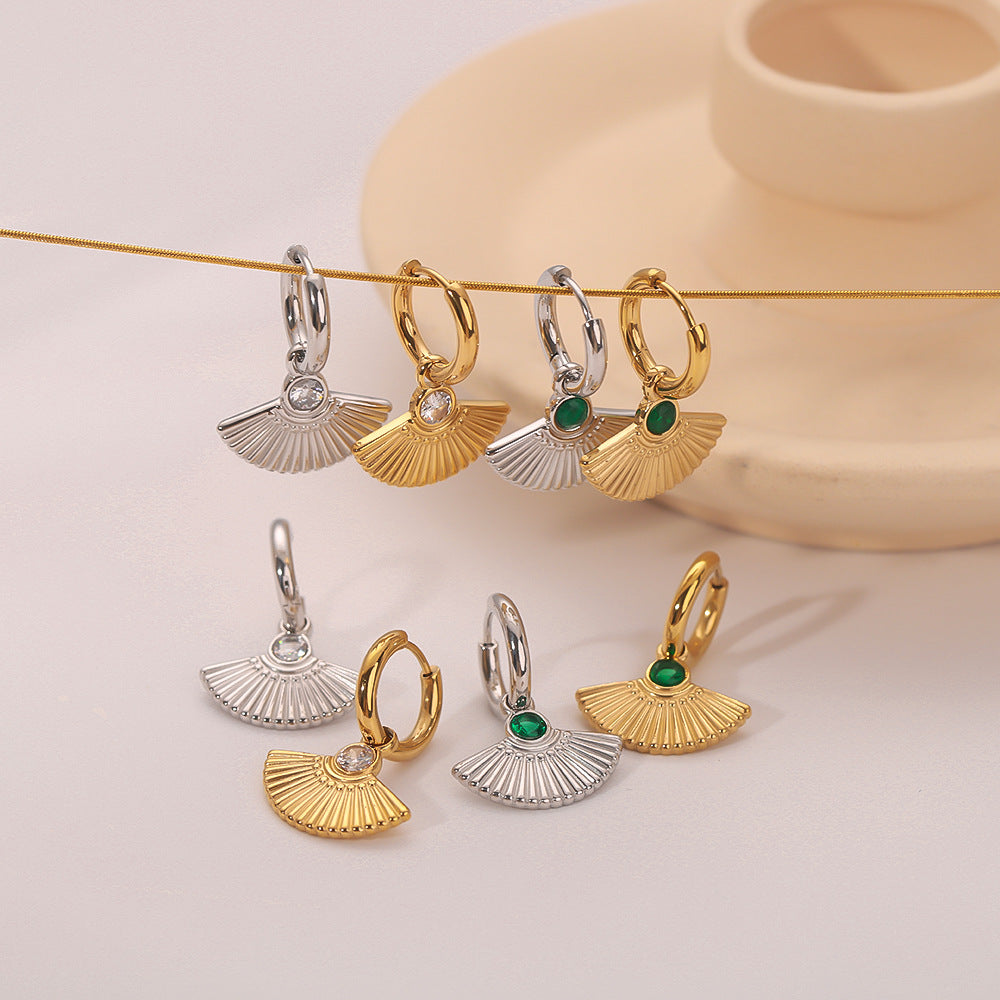 Orecchini Geometrici Vintage a Coda di Pesce a Ventaglio con Zircone Bianco e Smeraldo, Acciaio Inossidabile Placcato Oro 18K da Donna