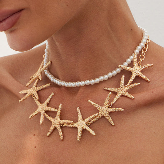 Sweet Plated Alloy Star Pendant Multi-layer Pearl Ball Chain Necklace for Women