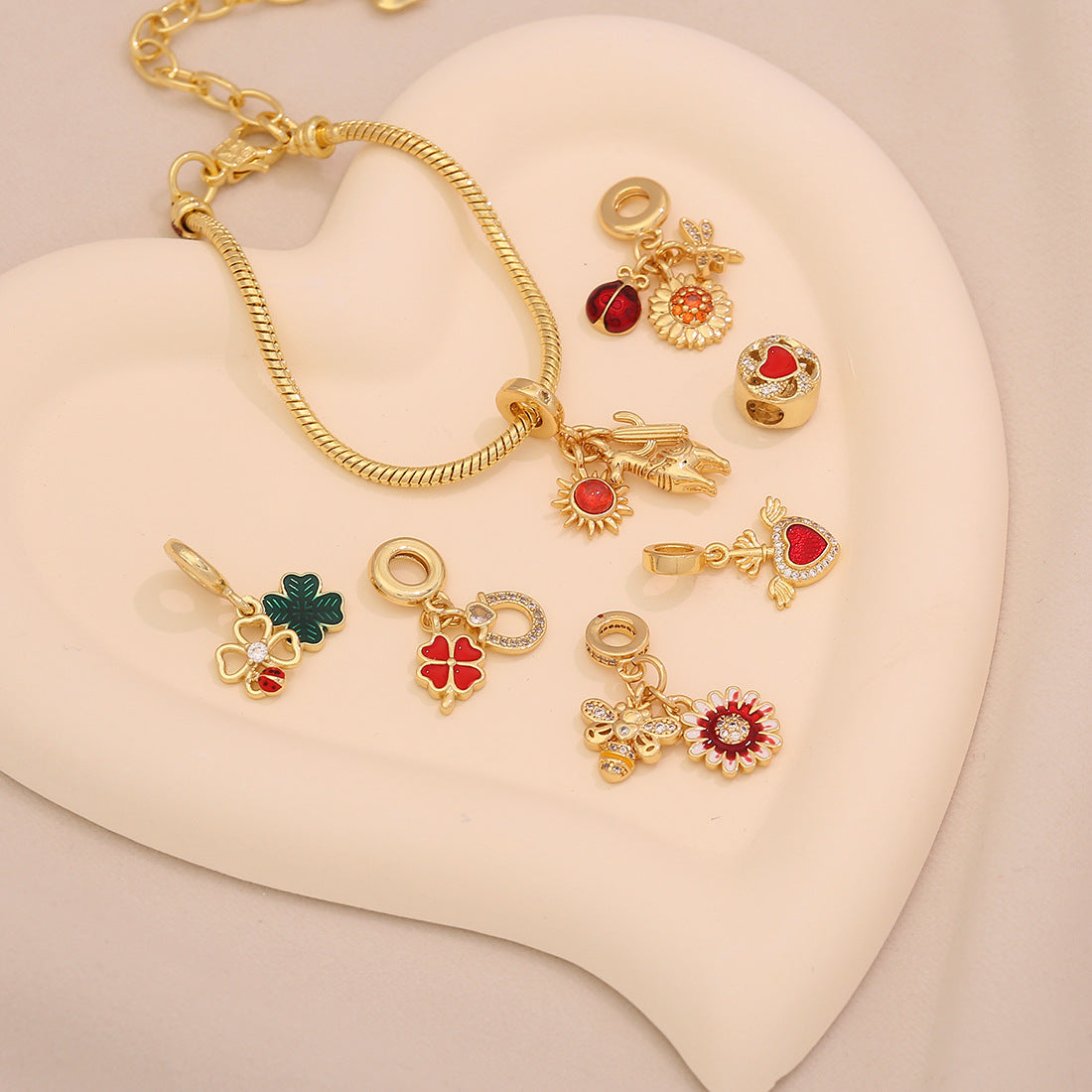 Sweet Floral Heart Brass Inlay Charm Bar for Women