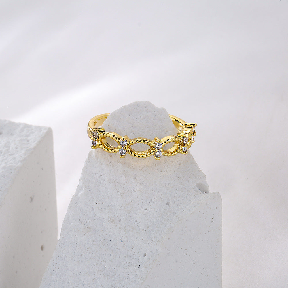Geometric Open Ring for Women with Copper Base Plated in 18K Gold and Micro-Paved Zirconia