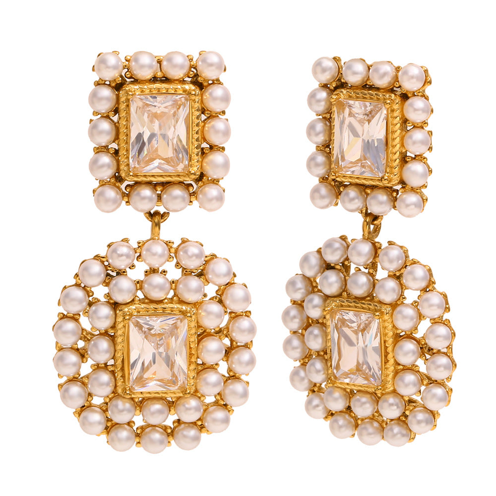 Fashionable Geometric Stainless Steel Earrings with 18K Gold Plating, Zircon and Pearl Accents for Women