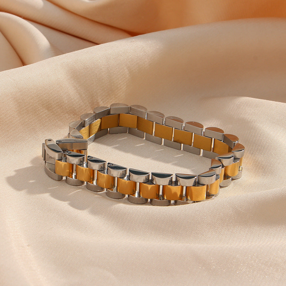 Minimalist Geometric Stainless Steel Plated Bracelet for Women with Dual-Tone Design and Fashionable Casual Style