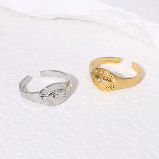 Anello occhio diabolico in acciaio inossidabile stile vintage con intarsio di strass, fascia regolabile, accessorio di moda minimalista da donna