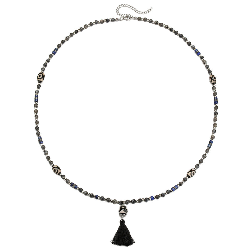 Unique Geometric Round Synthetic Dzi Bead Glitter Stone Tassel Necklace with Cable Chain for Unisex