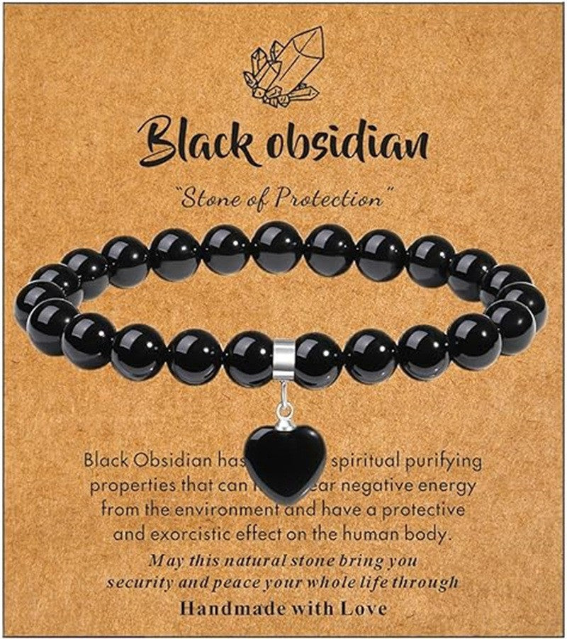 Minimalist Natural Stone Beaded Bracelet with Heart Pendant Unisex Elastic Stretch Bangle