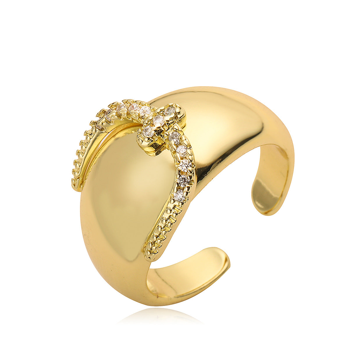 Anello Aperto Geometrico Minimalista da Donna in Rame con Placcatura in Oro 18K e Intarsio di Zirconi