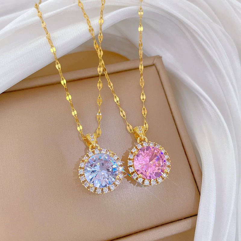 Sweet Round Geometric Titanium Steel Necklace with Micro-Inlaid Cubic Zirconia on Brass Pendant