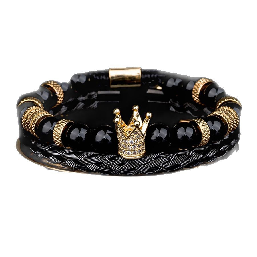 Punk Hip-hop Geometric Crown Drip Oil Titanium Steel Brass Plated Cubic Zirconia Agate Bracelet Set for Men