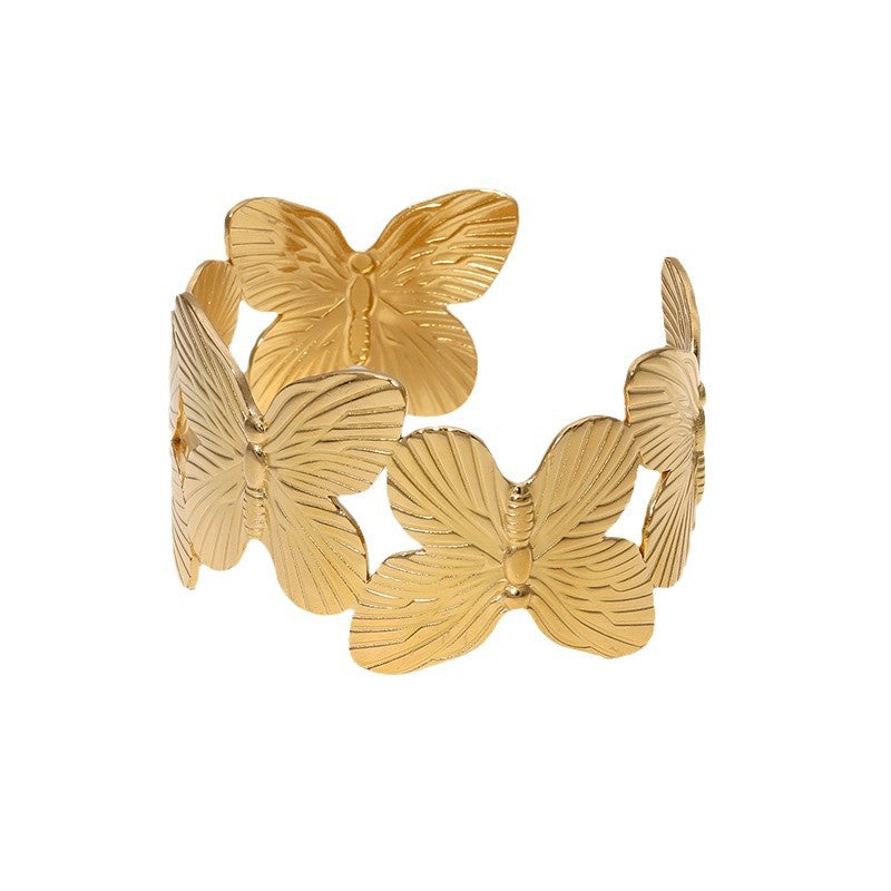 Bracciale a fascia in acciaio inossidabile vintage largo con farfalla e placcatura in oro da donna