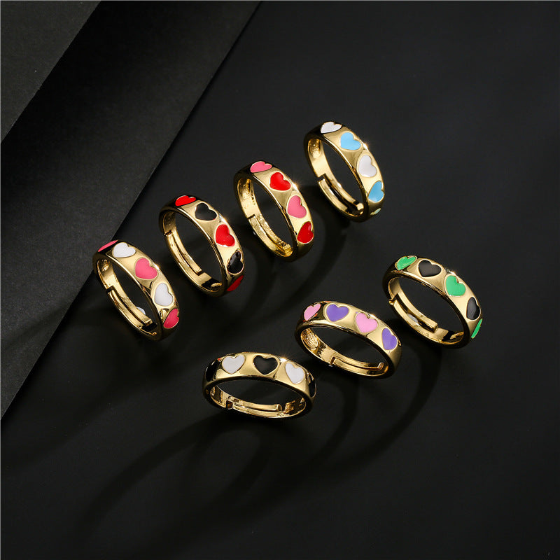 Mixed Color Drip Oil Heart Shaped Brass Ring for Women