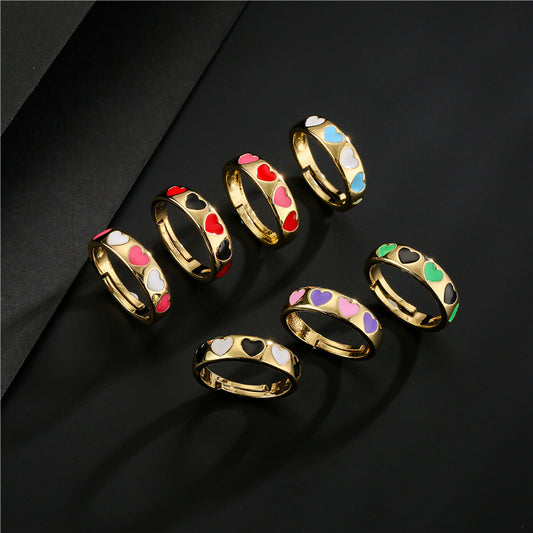 Mixed Color Drip Oil Heart Shaped Brass Ring for Women
