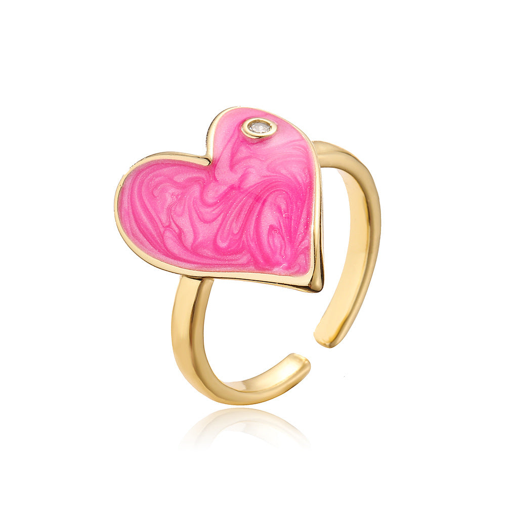 Cute Heart-Shaped Copper Ring with 18K Gold Plating and Enamel Finish for Women