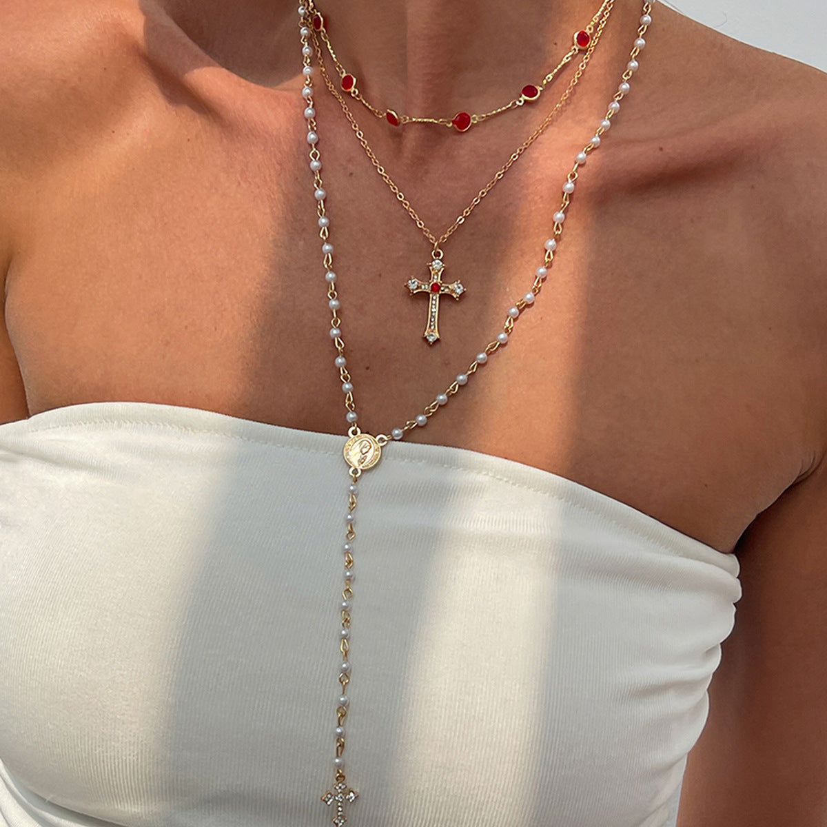 Collana a Y da donna con pendente a croce vintage in stile francese con perle di strass colorate, finitura placcata in lega di zinco, design geometrico