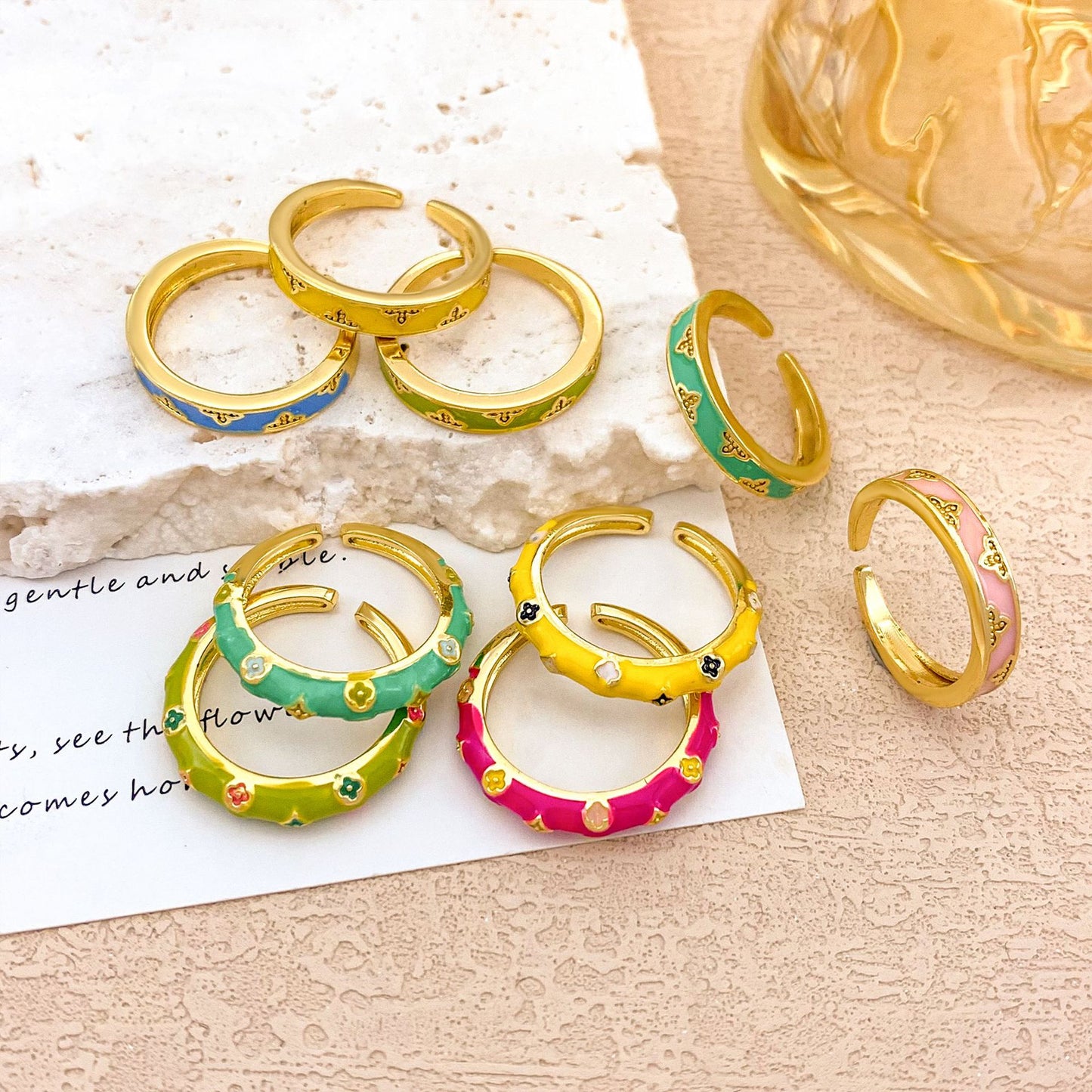 Sweet Gold Plated Drip Oil Floral Alloy Ring for Women