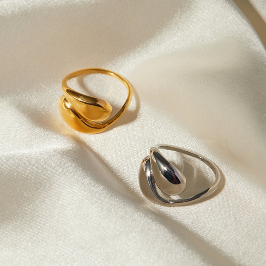 Minimalist 18K Gold Plated Stainless Steel Asymmetric Water Drop Open Ring Unisex Jewelry