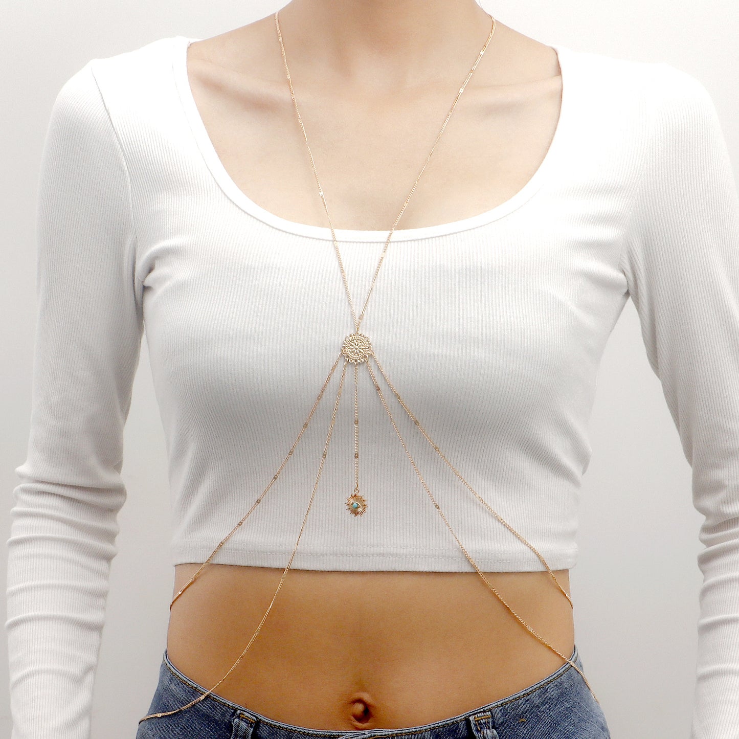 Sexy Body Chain for Women with Eye Pendant and Fringe Details, Alloy Plated Body Jewelry Set for Nightclub or Bikini Wear