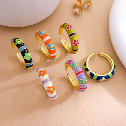Anillo para mujer de aceite esmaltado dorado con diseño floral vintage