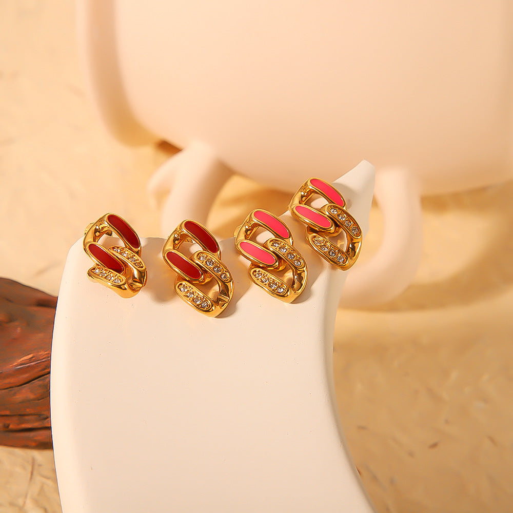 Vintage French Style Geometric Stainless Steel Earrings with 18K Gold Plating Enamel Finish and Zircon Inlay