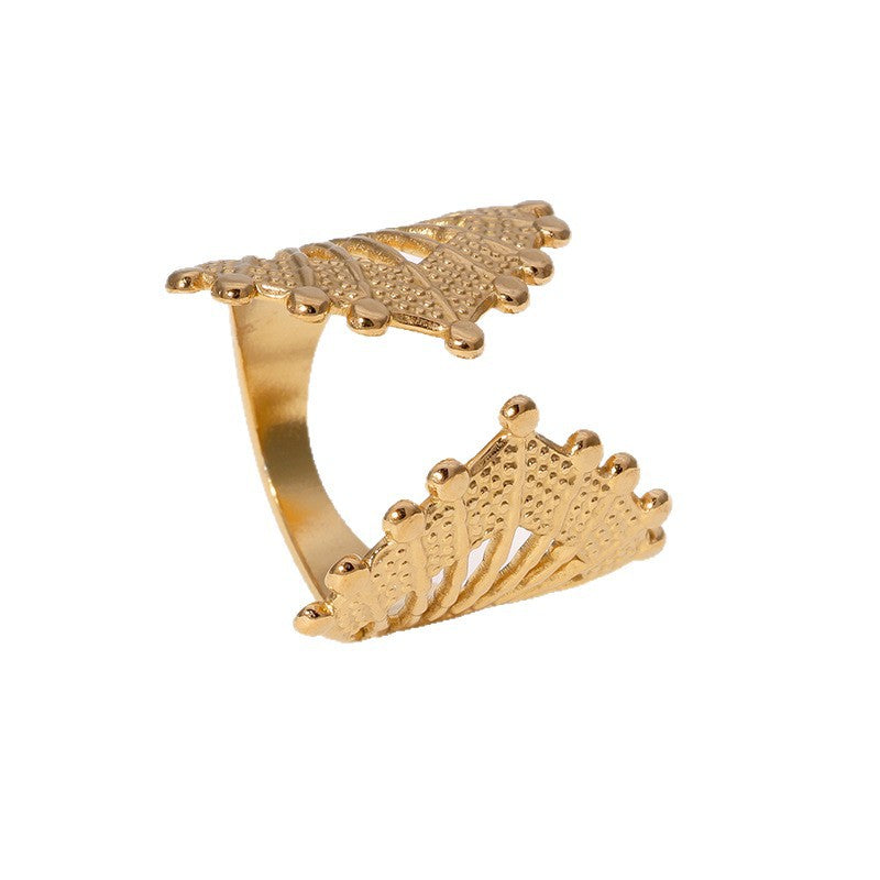 Vintage Geometric Fan-Shaped Hollow Stainless Steel Adjustable Open Ring for Women