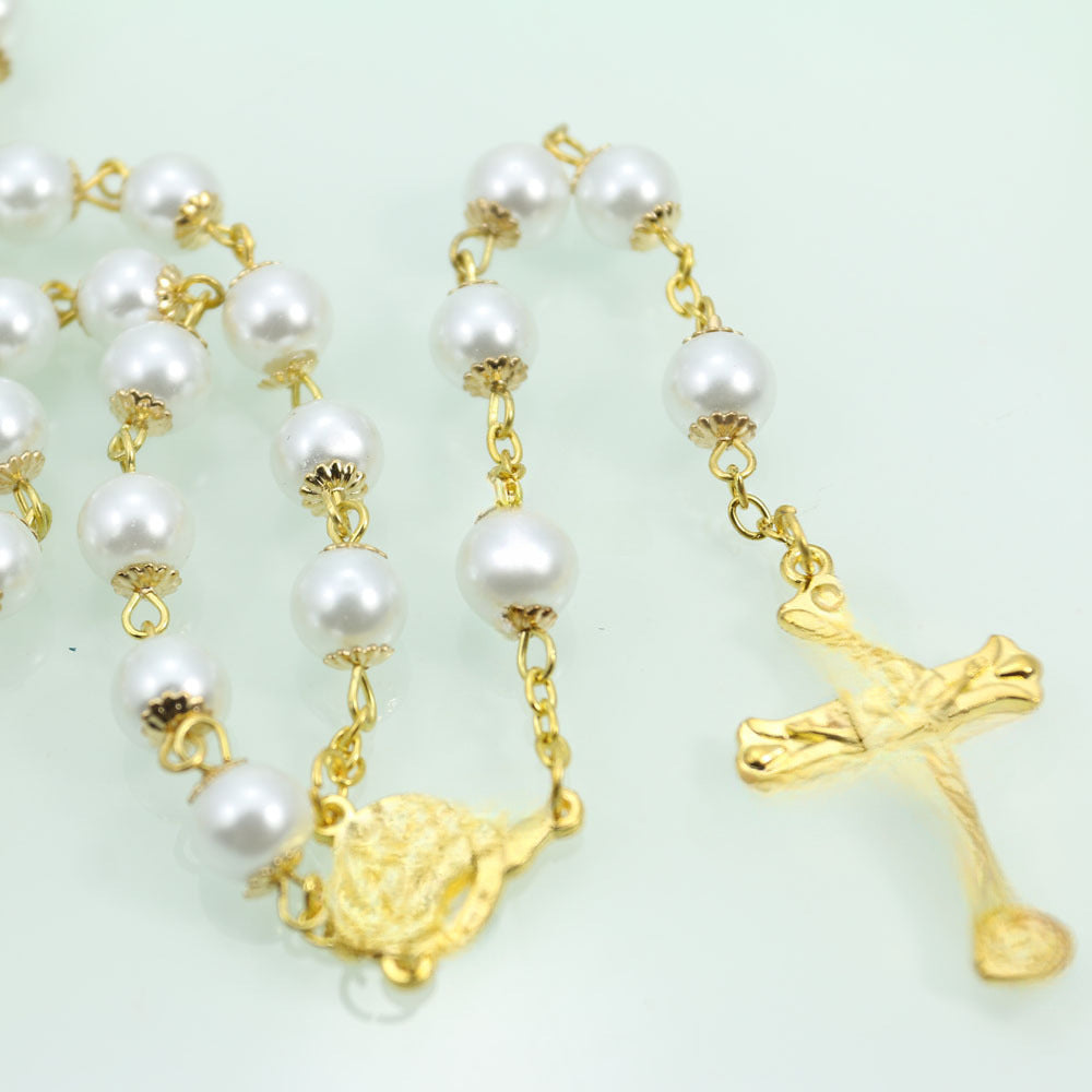 Vintage Cross Pendant Alloy Ball Chain Necklace with Imitation Pearl Beads Unisex Jewelry