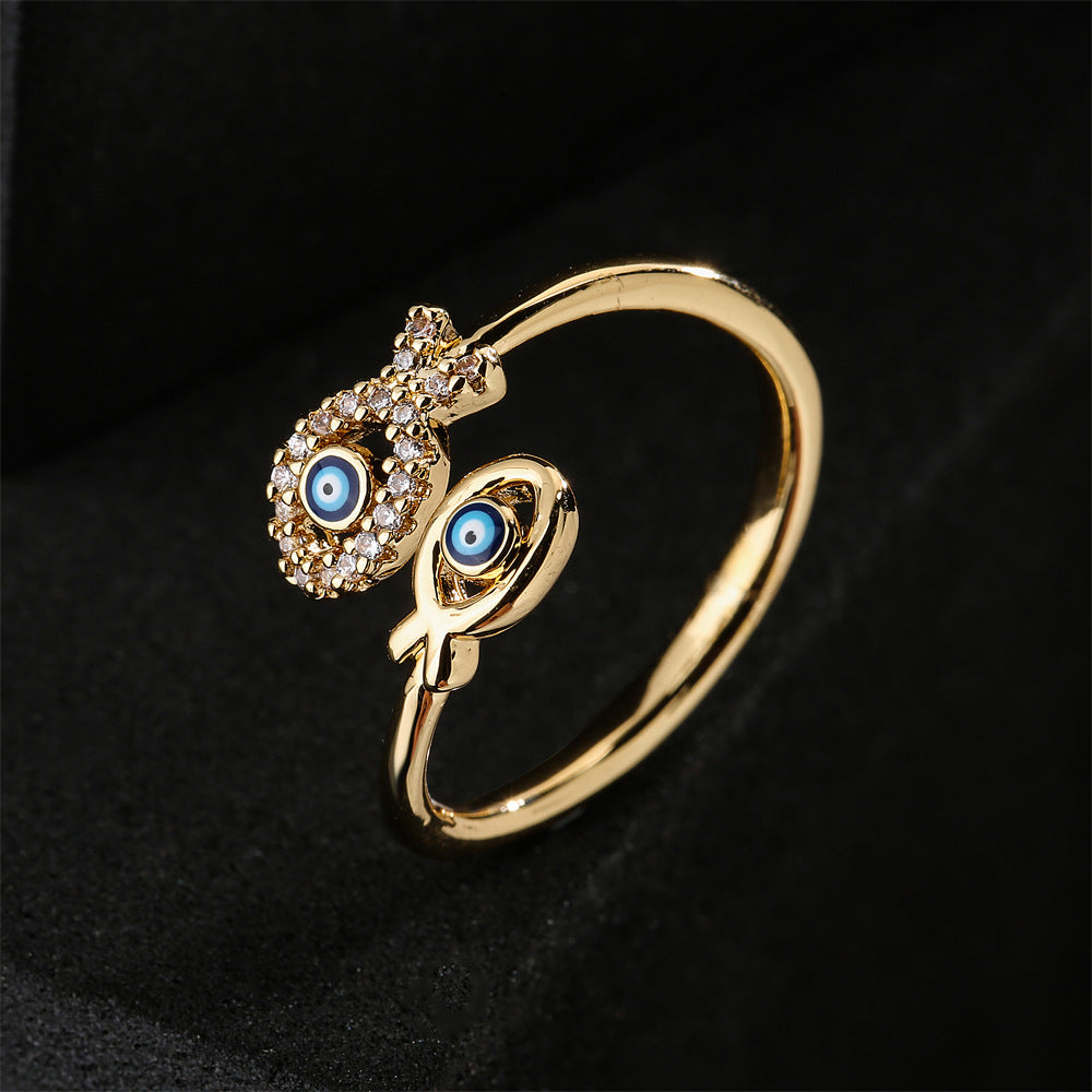 Minimalist Geometric Evil Eye Ring in Copper with Gold Plating and Micro-Pave Setting