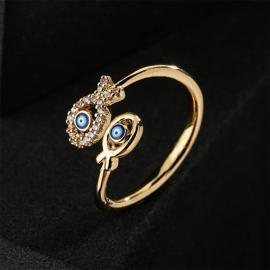 Anillo Minimalista Geométrico de Ojo Turco en Cobre con Baño de Oro y Engaste Micro-Pavé