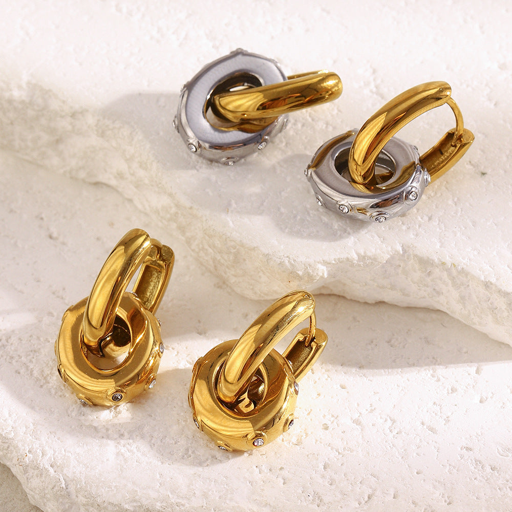 Minimalist Geometric Stainless Steel Earrings with 18K Gold Plating and Oval Zircon Pendant for Women