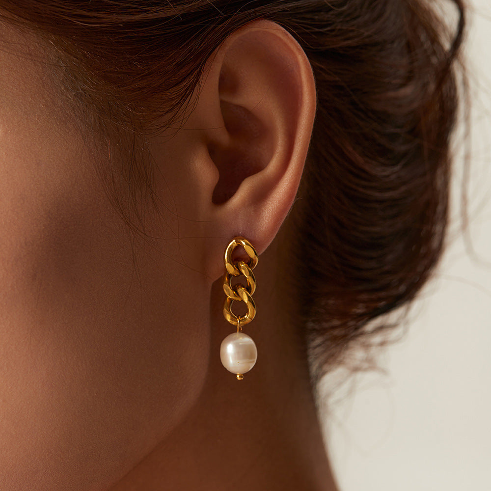 Geometric Baroque Pearl Dangle Earrings with 18K Gold Plated Stainless Steel Cuban Chain for Women