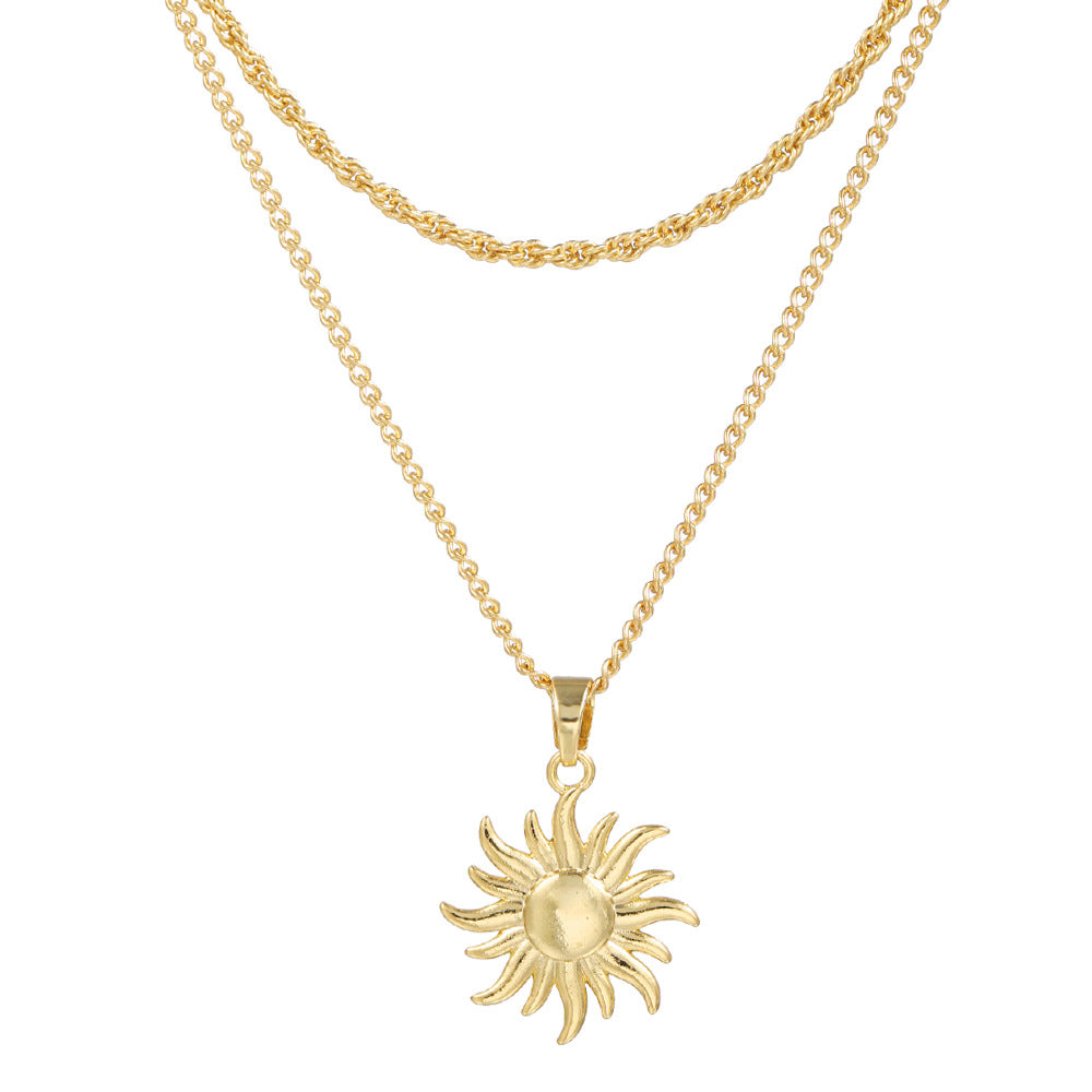 Minimalist Luxury Gold Plated Brass Geometric Sun Pendant Necklace Multi-layer Unisex