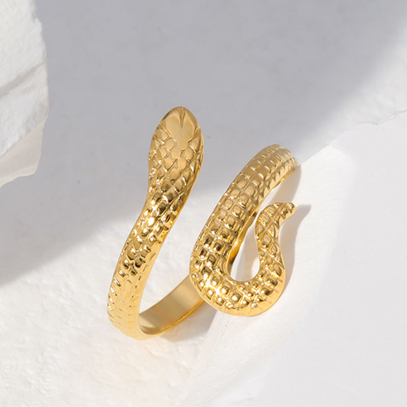 Anello aperto a serpente minimalista in acciaio inossidabile da donna con finitura placcata