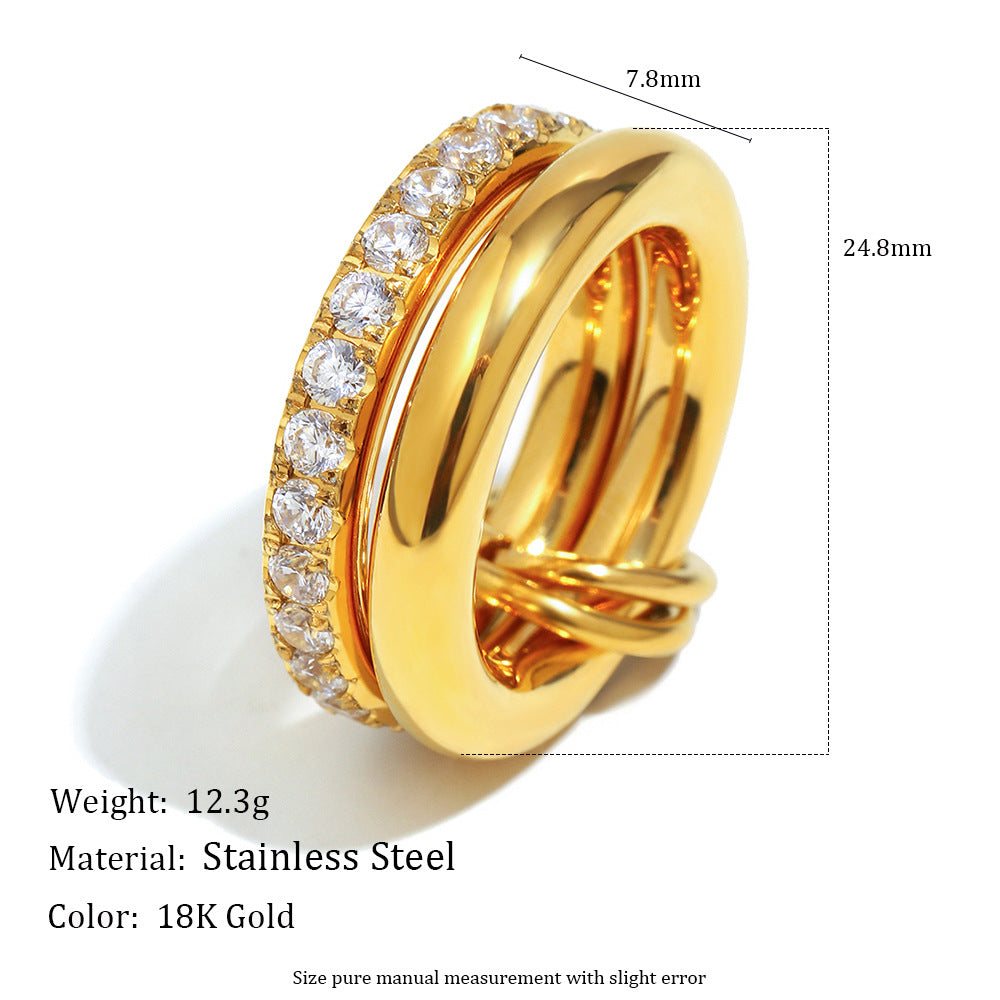 Minimalist Geometric Stainless Steel Ring with 18K Gold Plating and Double-Layer Zircon Inlay for Women
