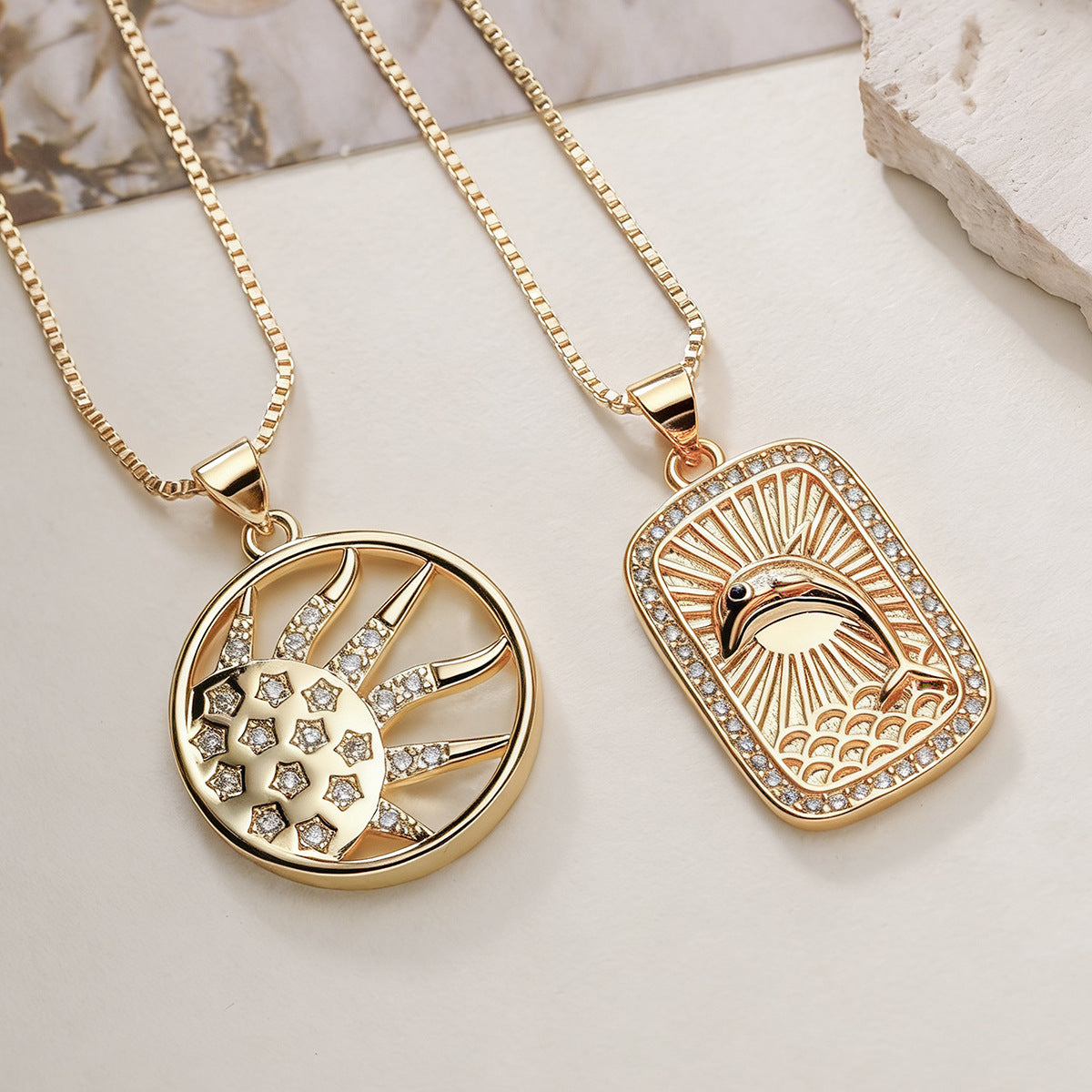 Minimalist Geometric Brass Gold Plated Necklace with Cubic Zirconia for Women
