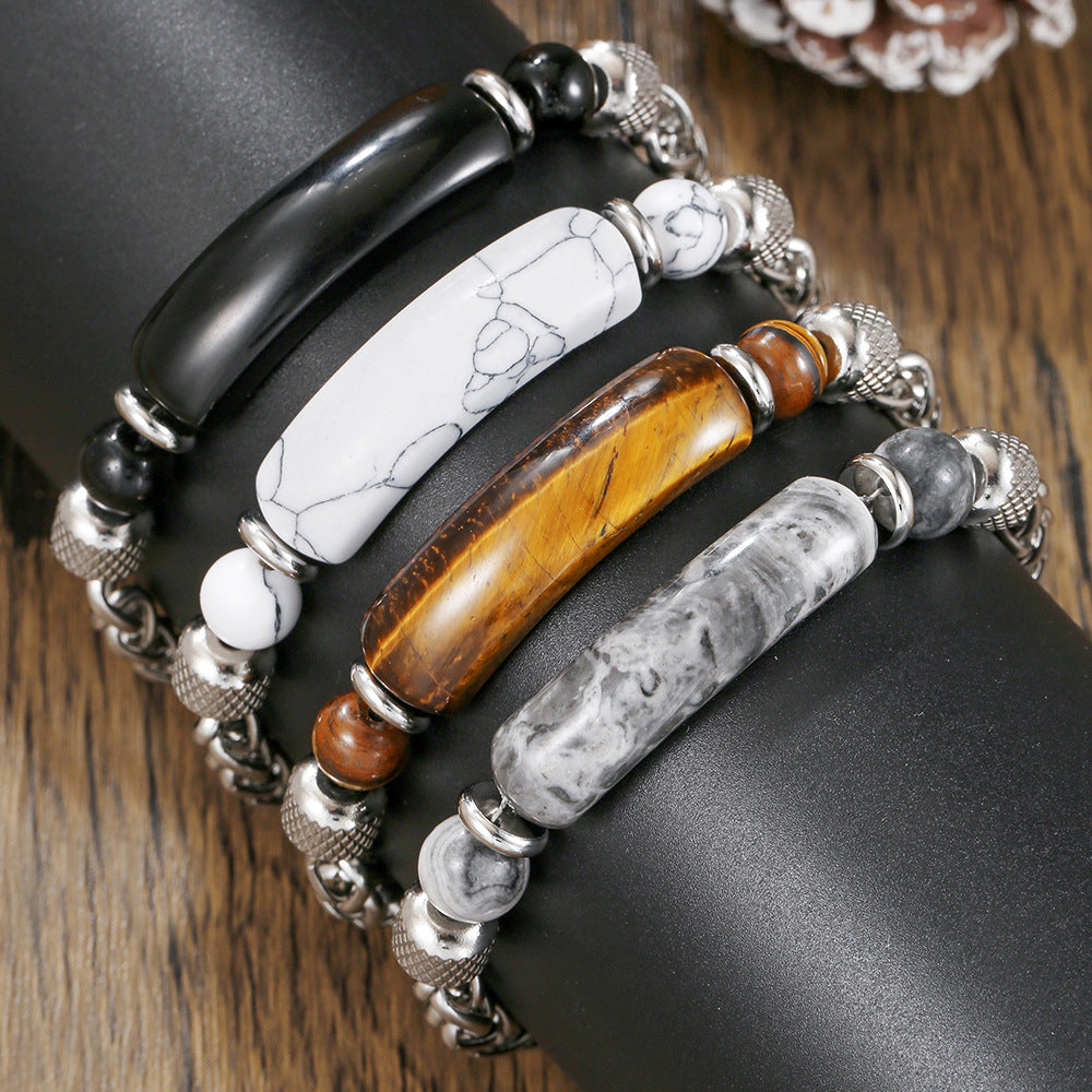 Geometric Stainless Steel Bracelet with Natural Agate and Turquoise Beads for Men and Women