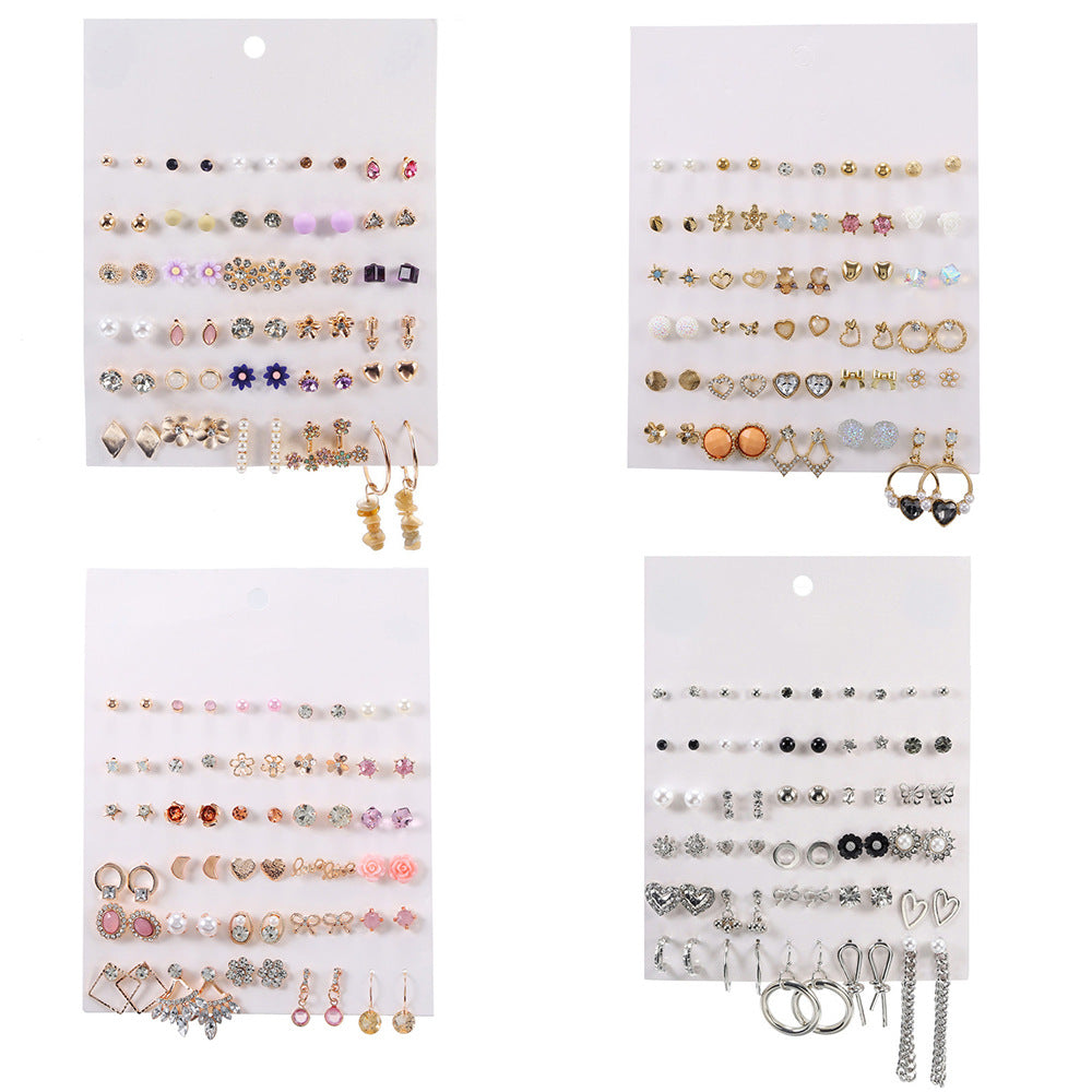 Sweet Geometric Heart Bow Floral Rhinestone Pearl Inlay Stainless Steel Earrings Set