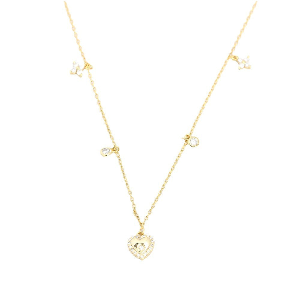 Sweet and Edgy Heart-Shaped S925 Sterling Silver Rhinestone-Inlaid French Clavicle Necklace with Cross Chain for Women