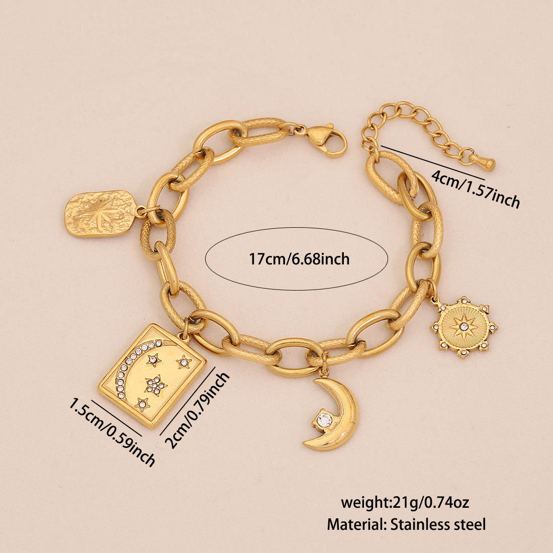 Bracciale in acciaio inossidabile a stella e luna geometriche con finitura galvanica da donna