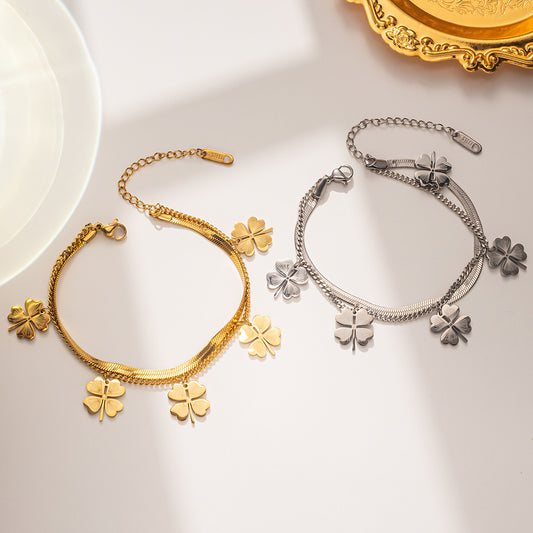 Pulsera de acero de titanio de doble capa con trébol de cuatro hojas, minimalista, para mujer, con acabado chapado