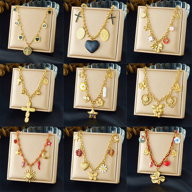 Chic Gold Plated Drip Oil Heart Floral Star Round Stainless Steel Pendant Necklace for Women