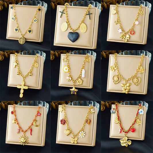 Chic Gold Plated Drip Oil Heart Floral Star Round Stainless Steel Pendant Necklace for Women
