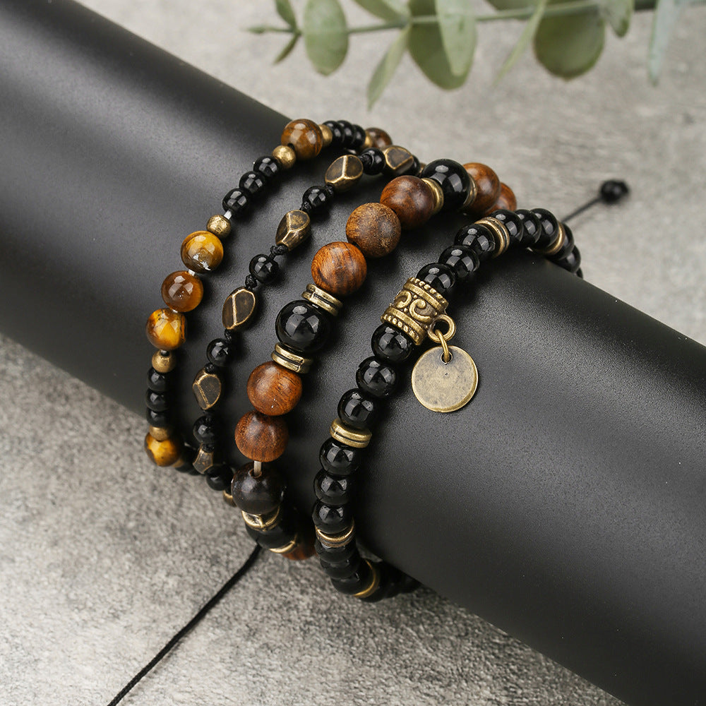 Hip-hop Men's Natural Tiger Eye Black Agate Wood Bead Stretch Bracelet Geometric Round Adjustable