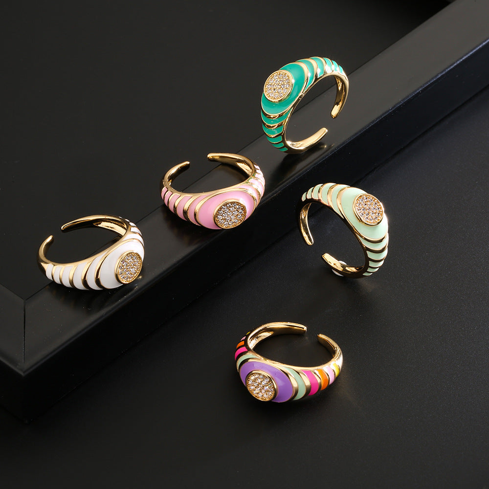Vintage-Inspired Geometric Open Ring for Women Made of Copper with 18K Gold Plating and Cubic Zirconia Inlay