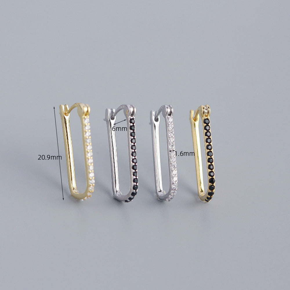 Minimalist 925 Sterling Silver Geometric Rectangle Inlaid Diamond Hoop Earrings for Women