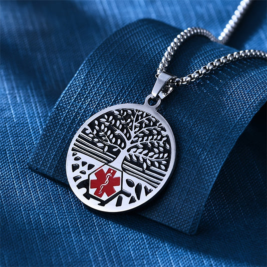 Elegant Geometric Tree of Life Pendant Necklace in Stainless Steel with Polished Titanium Steel Charm and Daisy Floral Accents for Women
