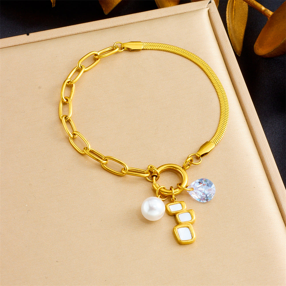 Elegant Gold Plated Heart Star Geometric Teardrop Shell Pearl Stainless Steel Bracelet for Women