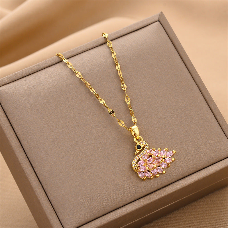 Collana pendente con quadrifoglio in acciaio al titanio placcato oro rosa 18 carati minimalista di lusso da donna