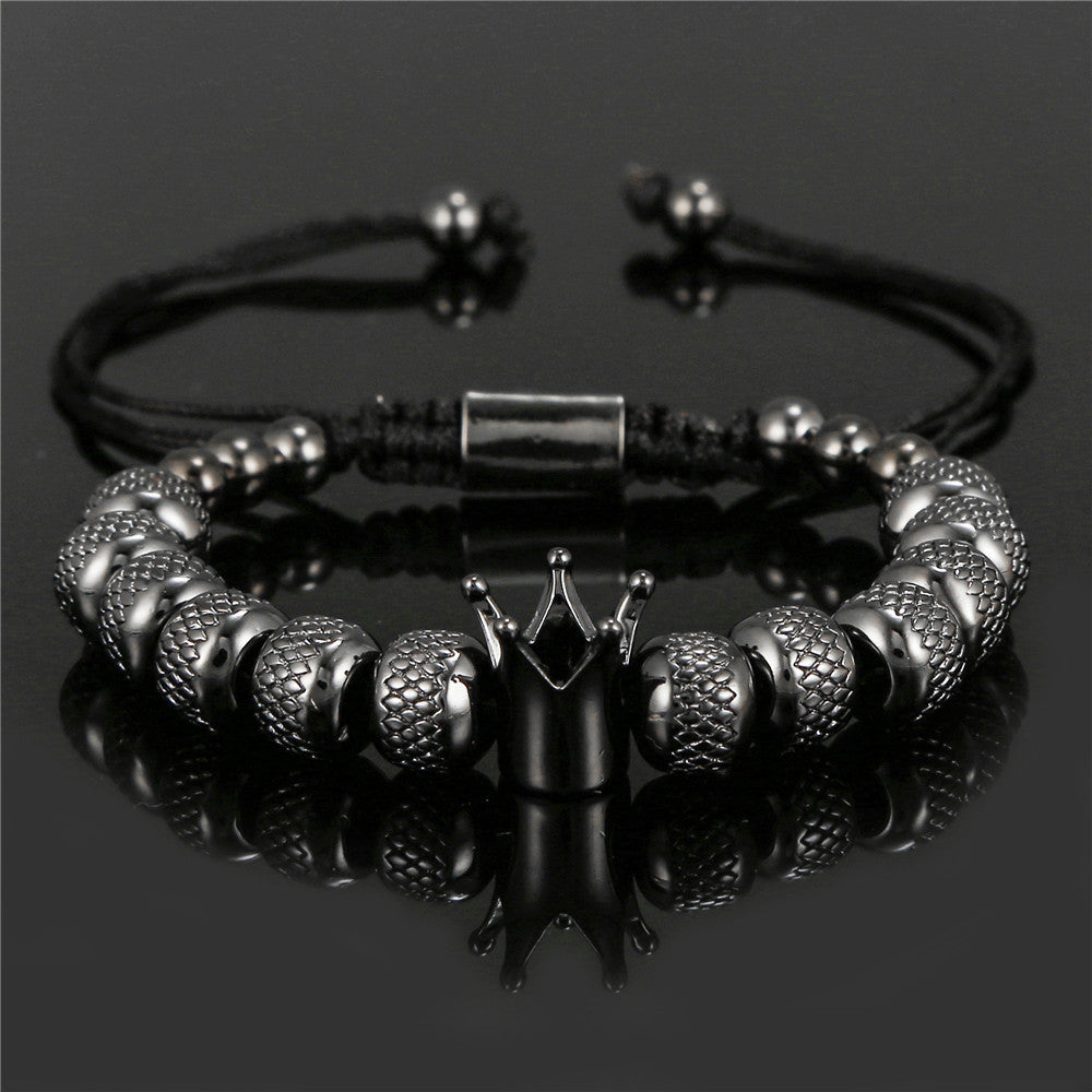 Vintage Geometric Crown Stainless Steel Brass Beaded Bracelet for Men and Women