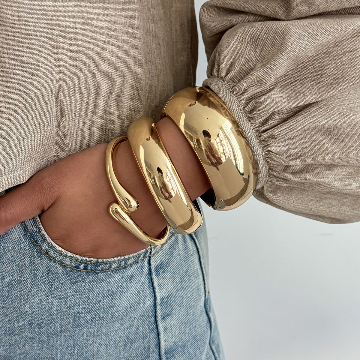 Minimalist Plated Alloy Teardrop Oval Spring Cuff Bracelet Set