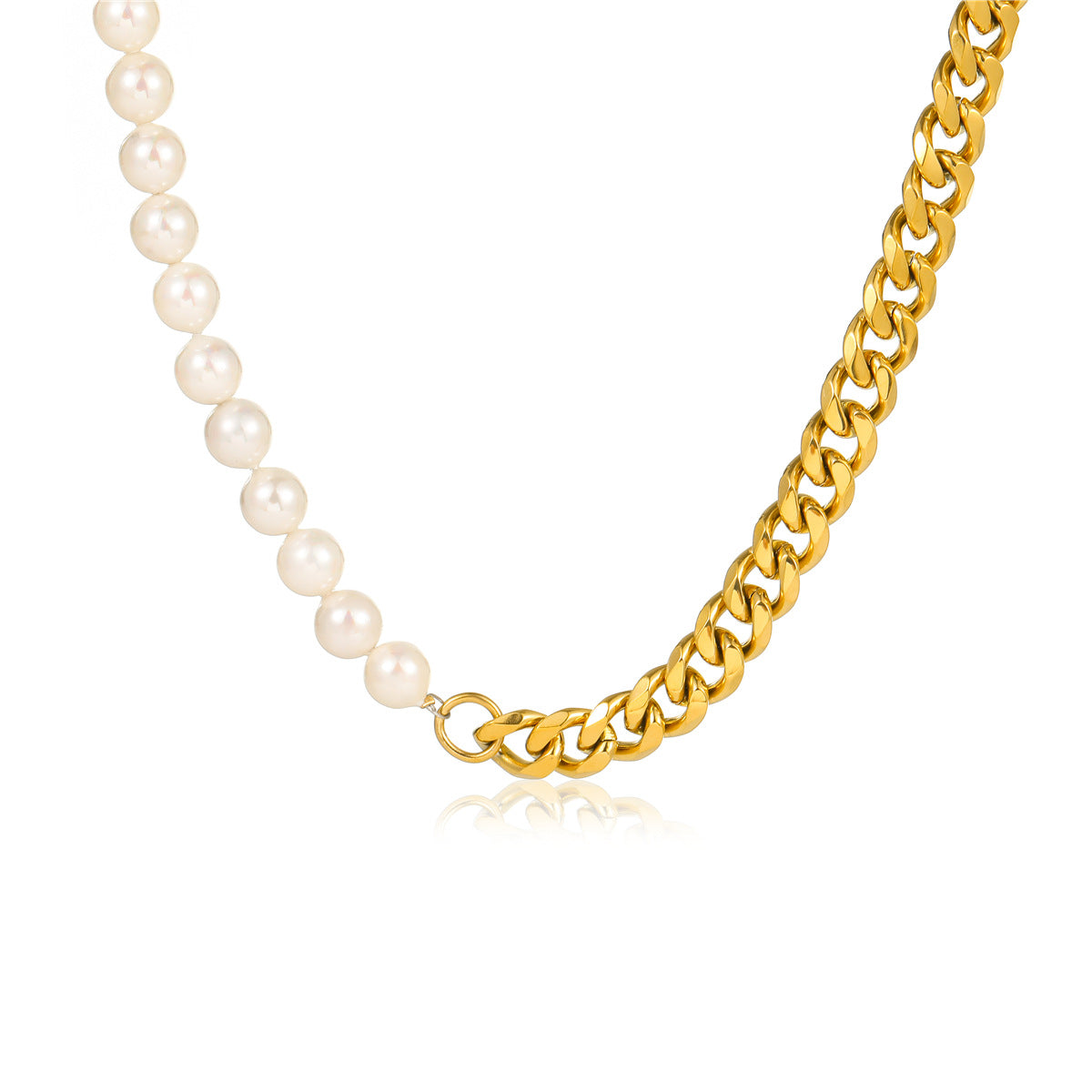 Elegante collar de clavícula estilo "OL" con incrustaciones de perlas y chapado en oro de 18 quilates sobre acero de titanio, con cadena estándar
