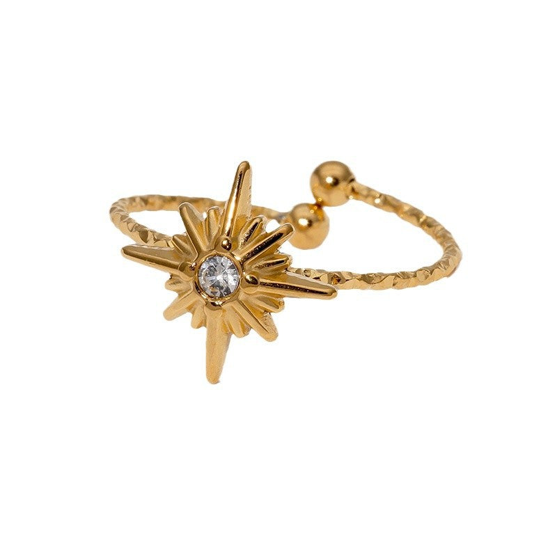 Anello aperto minimalista da donna a forma di stella in acciaio inossidabile con intarsio di strass